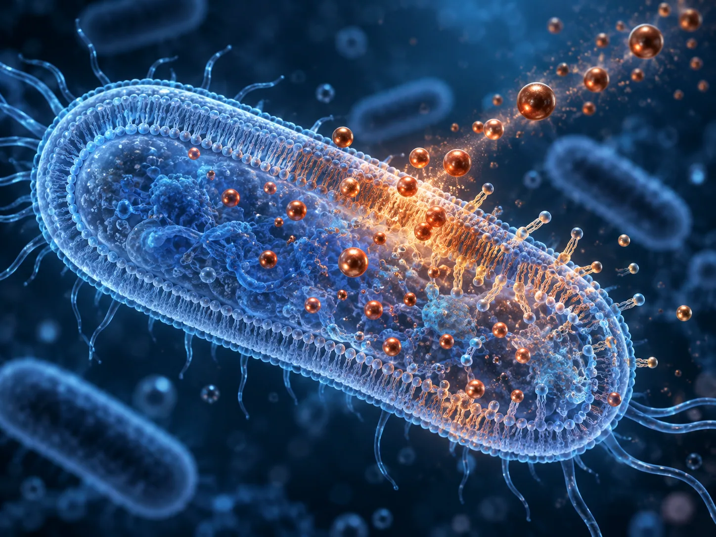 铁离子进入微生物细胞并触发细胞膜脂质氧化的科研概念图